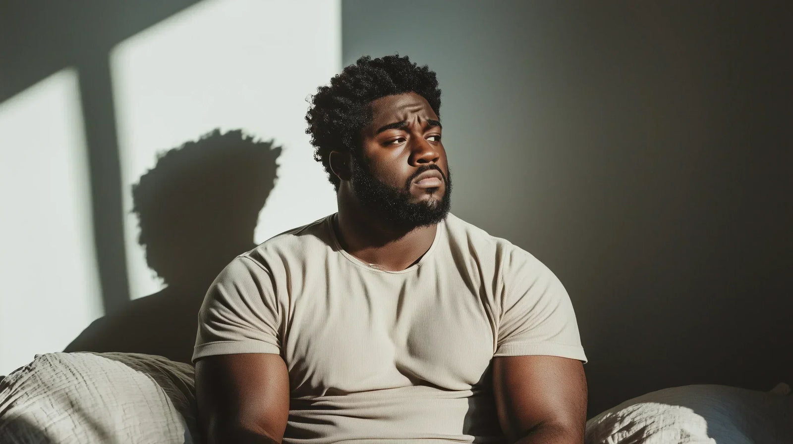 Man sitting uncomfortably, looking off to the right