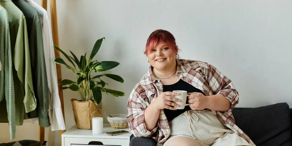 Happy plus size woman drinking coffee