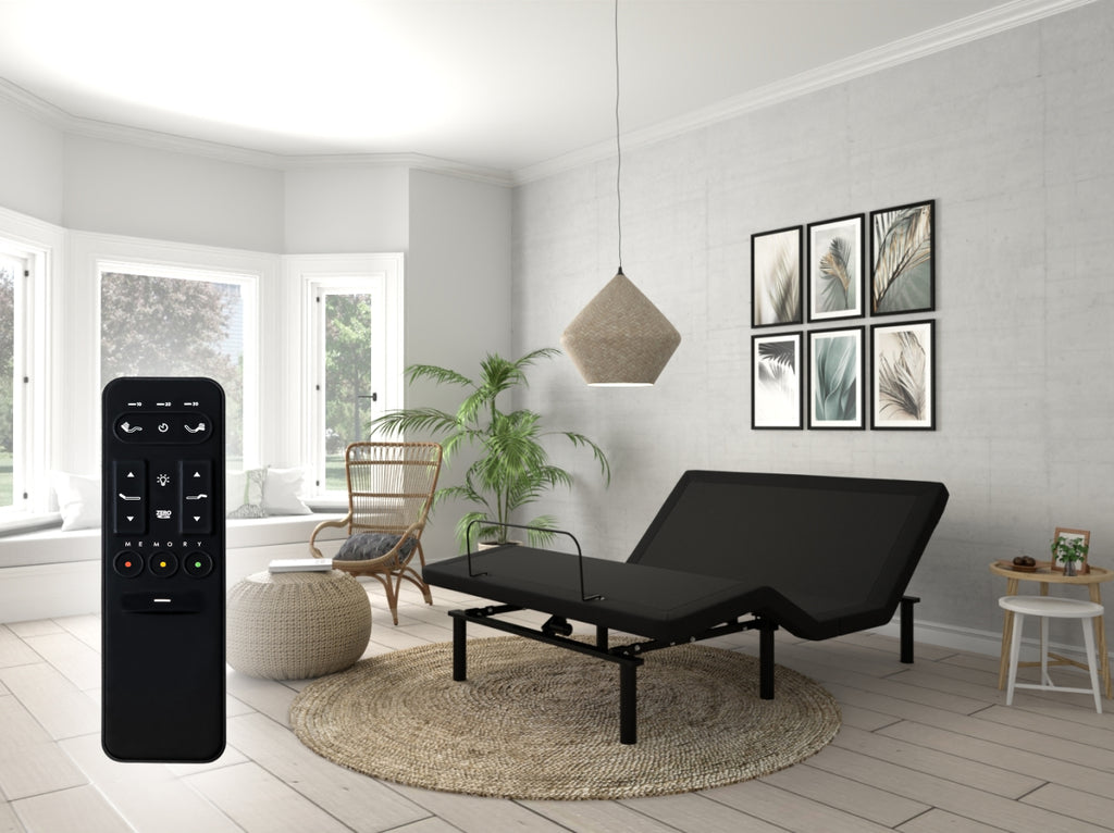 Remote control shown beside the Ascension® Ultra Adjustable Power Base in a bright bedroom, with the base adjusted into a raised lounge position.